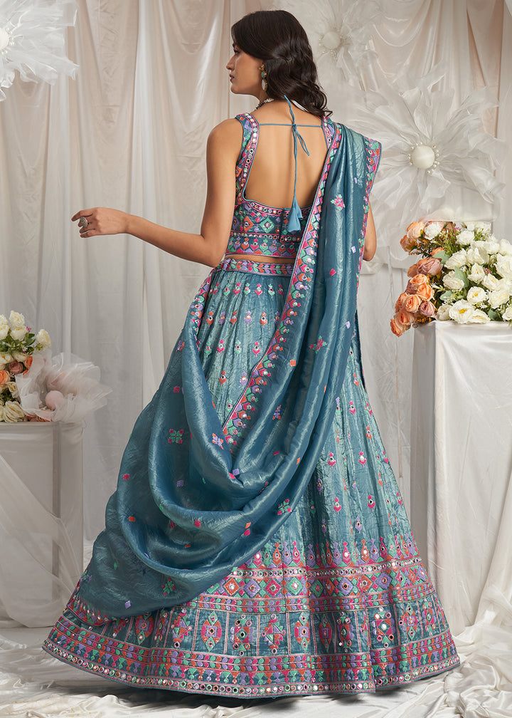 Teal Blue Organza Lehenga Choli Adorned with Sequins & Mirror Embroidery