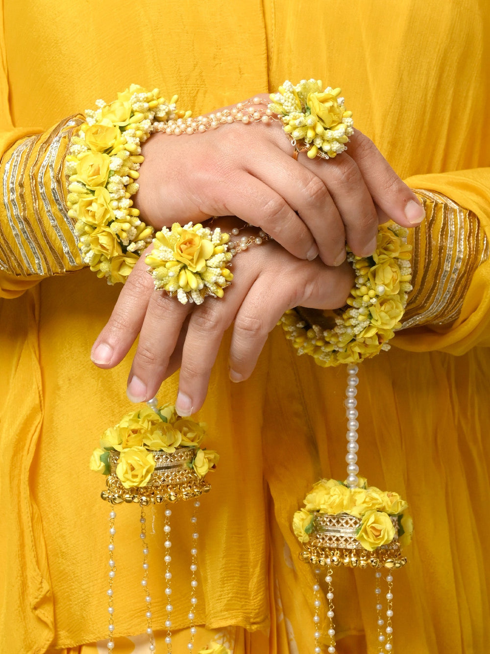 Anupriya Yellow Floral With Pearl Hanging Kalire