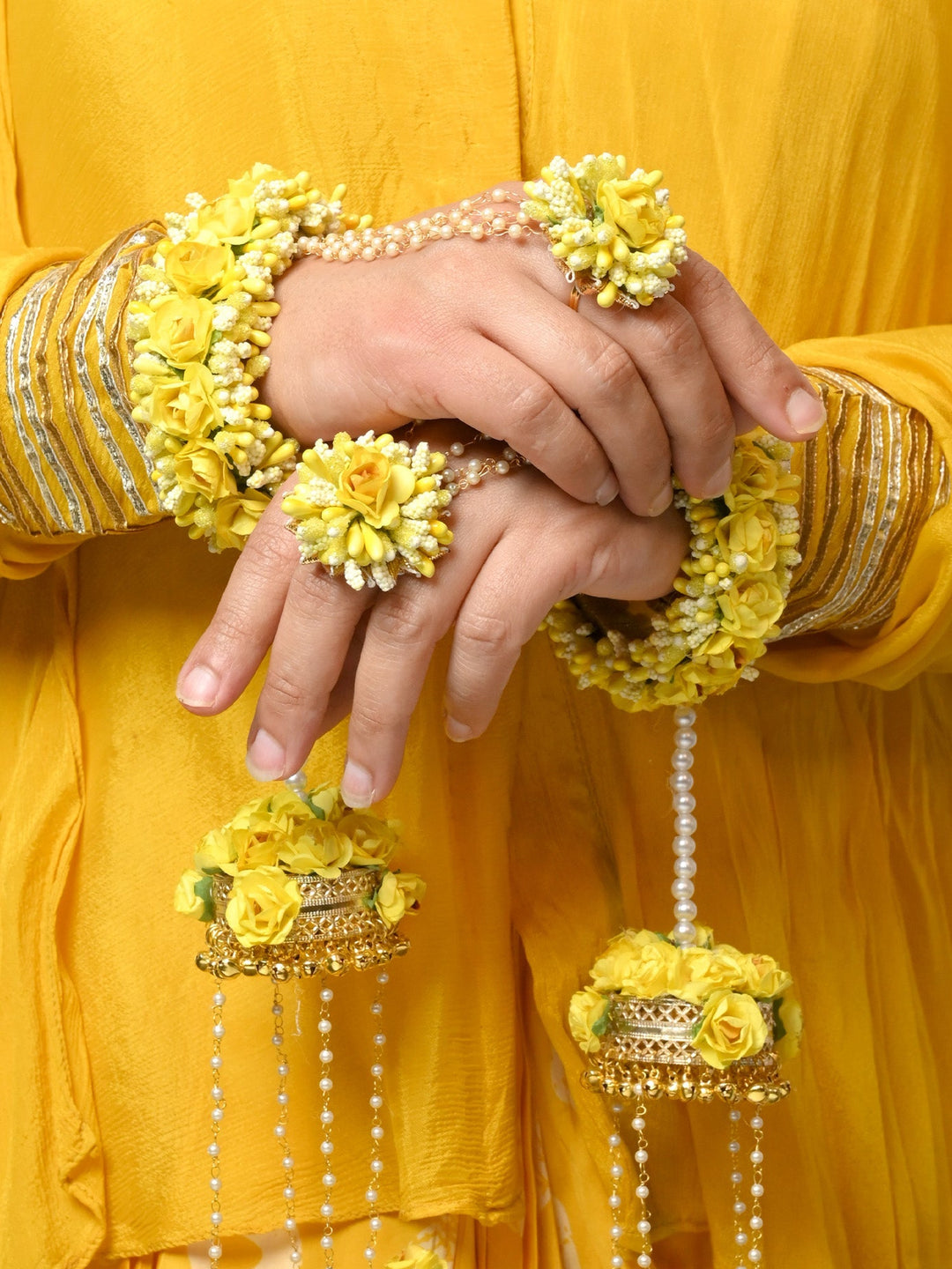 Anupriya Yellow Floral With Pearl Hanging Kalire