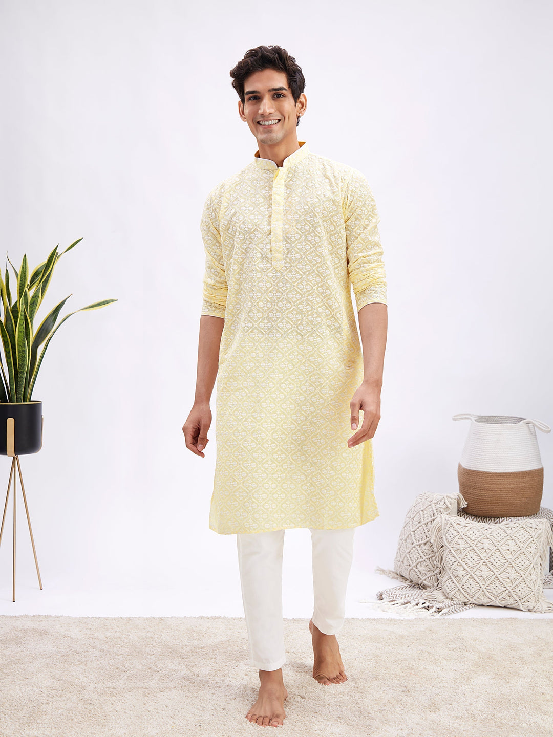 Sarvati Men's Yellow And White Cotton Kurta And Pyjama Set