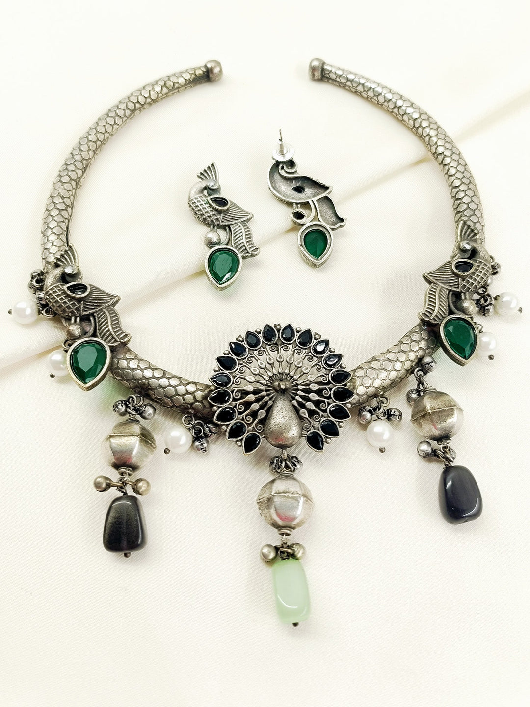 Jaanki Black Peacock Oxidized Hasli Style Necklace Set