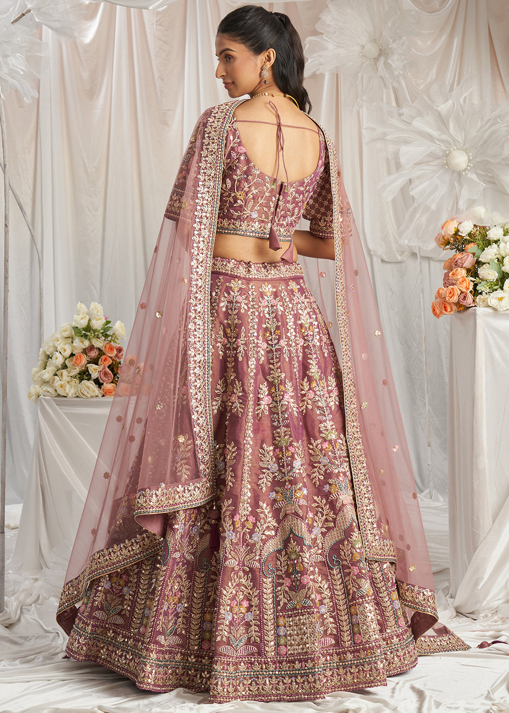 Shades Of Purple TissueLehenga Choli Adorned with Pearl and Gotapatti Embroidery: The Bride's Edit