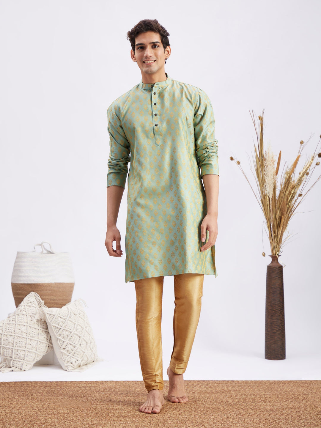 Sarvati Men's Mint Green and Rose Gold Woven Kurta Pant Set