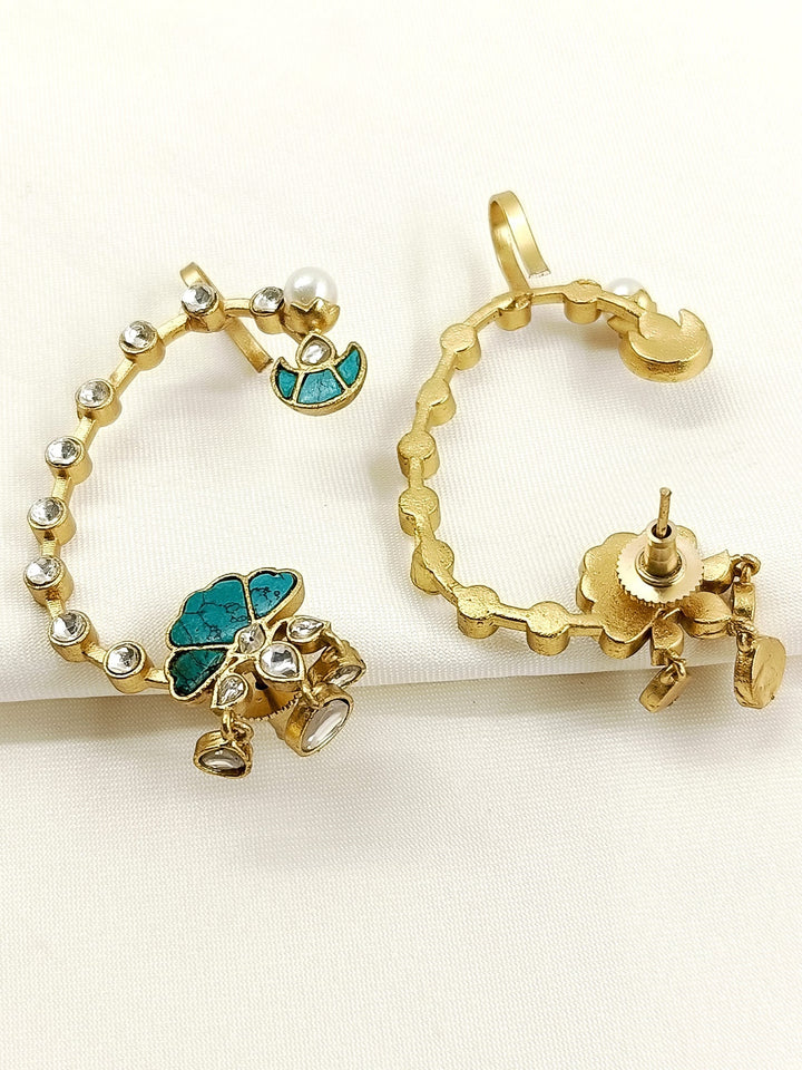 Dia Firozi Kundan Earcuffs - Turquoise Ear Cuff Antique Gold
