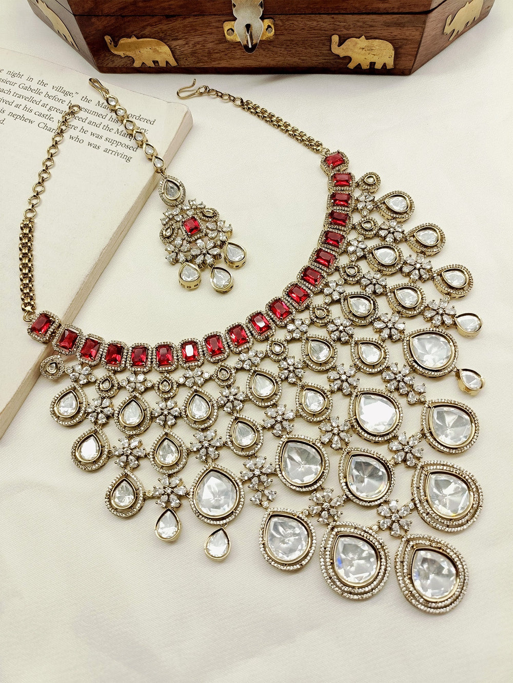 Laksh Maroon Diamond Polki Necklace Set