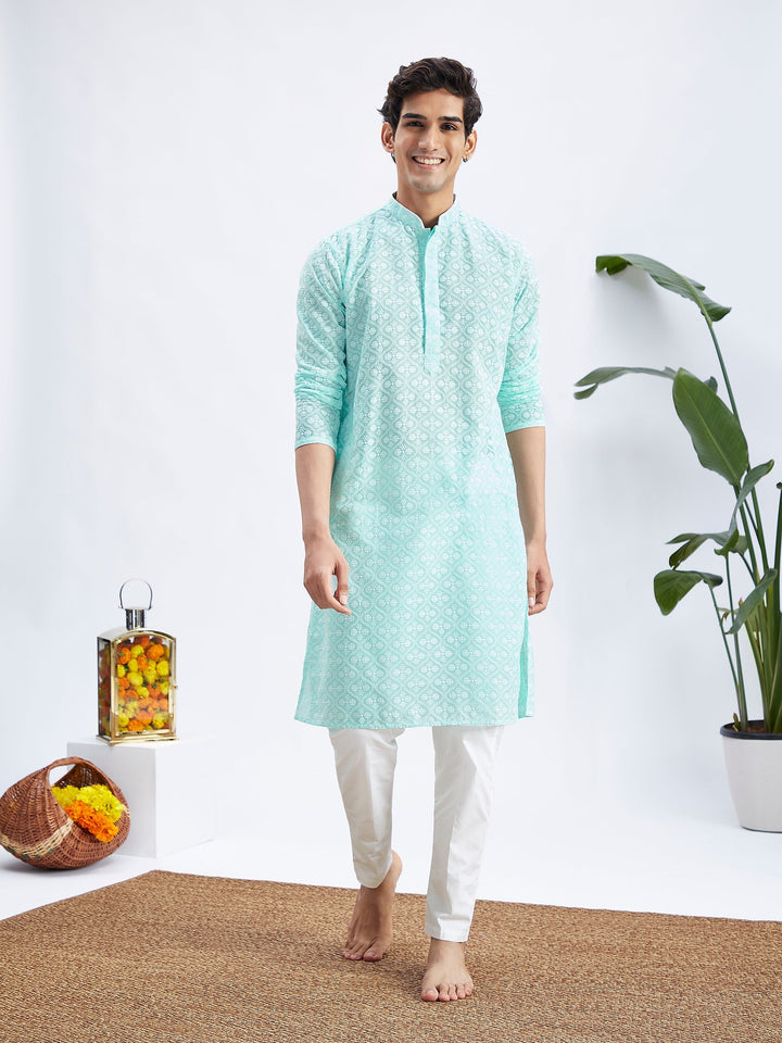 Sarvati Men's Green And White Cotton Kurta And Pyjama Set