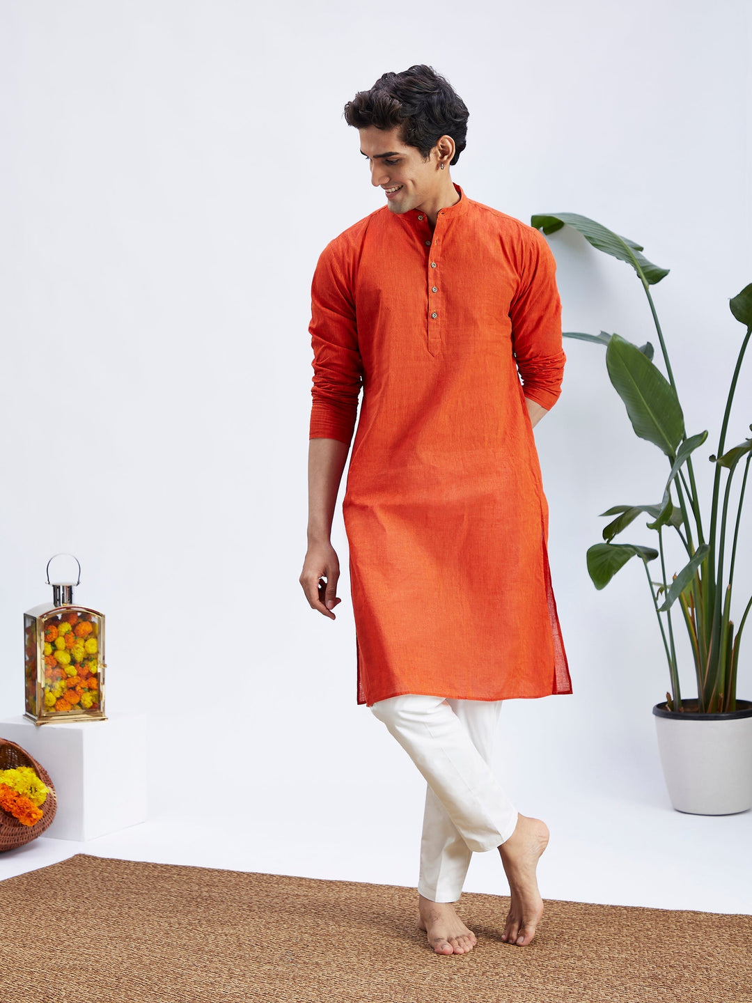 Sarvati Men's Red Pure Cotton Handloom Kurta Pyjama Set