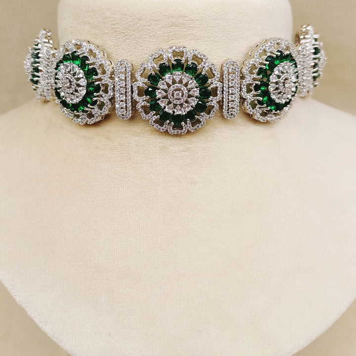 Neelofar Green Diamond Silver Plated Necklace Set