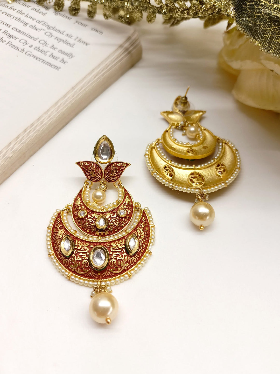 Haridra Dark Brown Kundan Meenakari Chaandbali