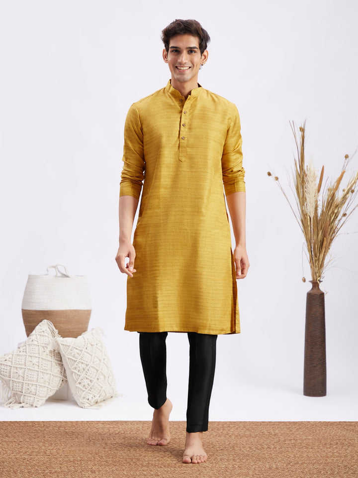 Sarvati Men's yellow Matka Silk Kurta and Black Pant Style Pyjama Set