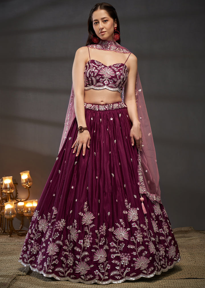 Claret Purple Chiffon Lehenga Choli Adorned with Sequins Embroidery