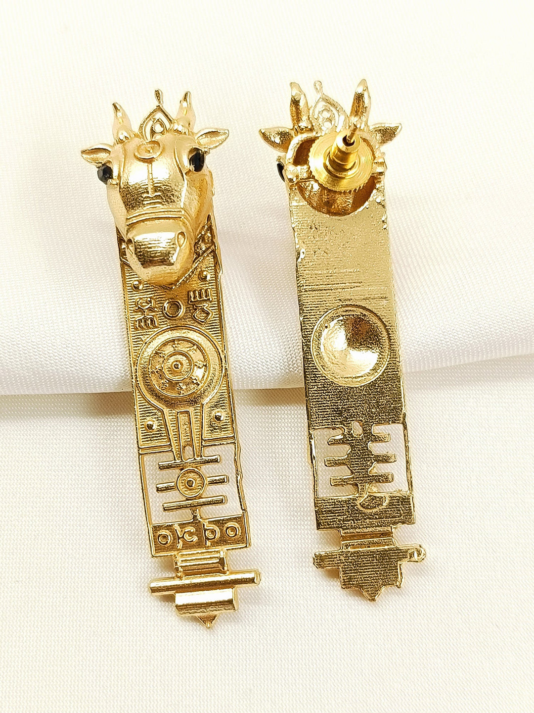 Kuhu Golden Bull Head Long Tribal Bar Boutique Earrings