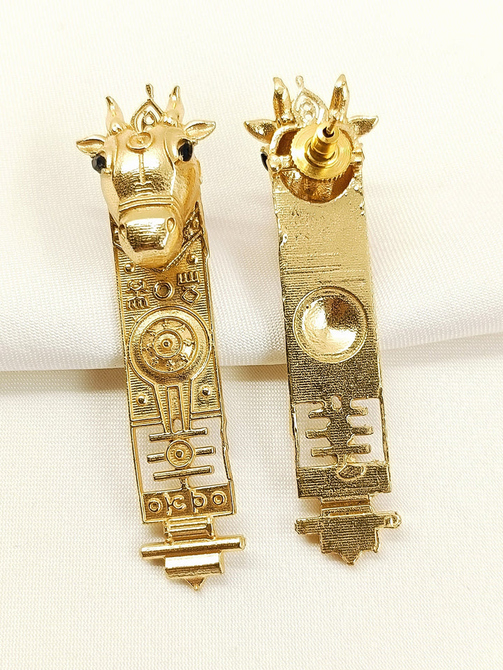 Kuhu Golden Bull Head Long Tribal Bar Boutique Earrings