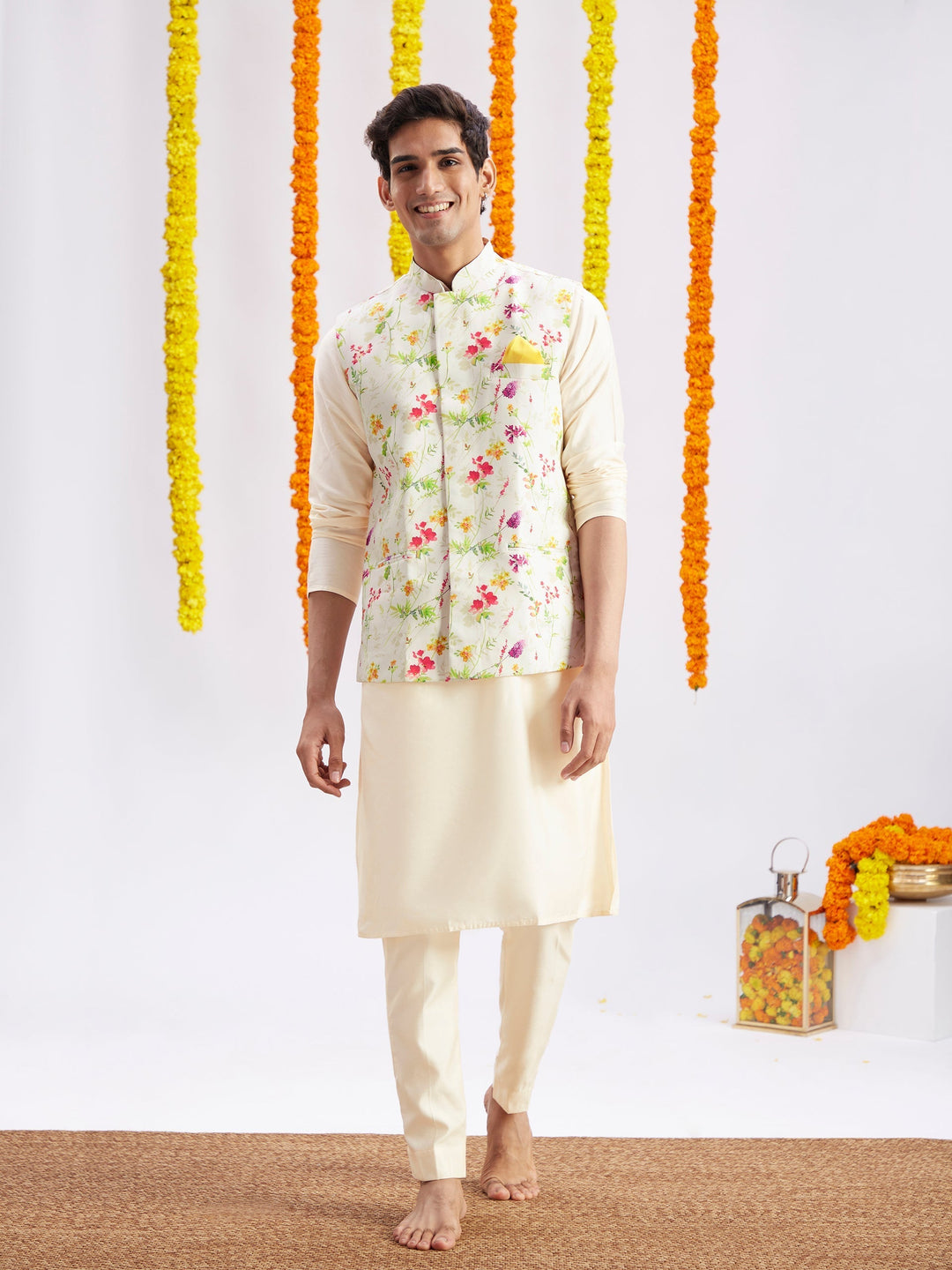 Sarvati Cream Printed Nehru Jacket And Cream Solid Kurta With Pyjama Set