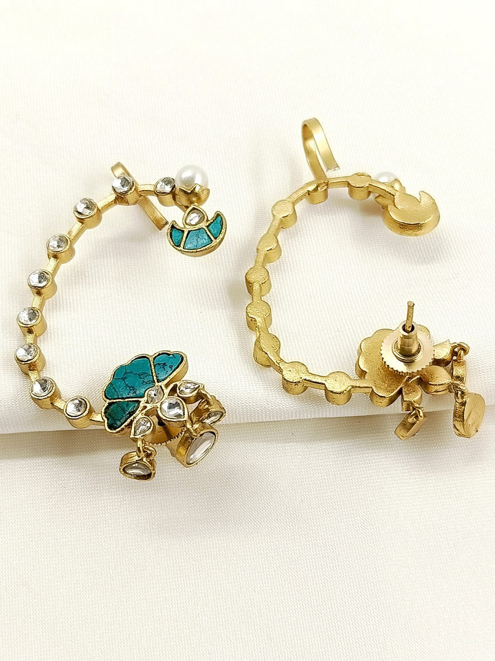 Dia Firozi Kundan Earcuffs - Turquoise Ear Cuff Antique Gold