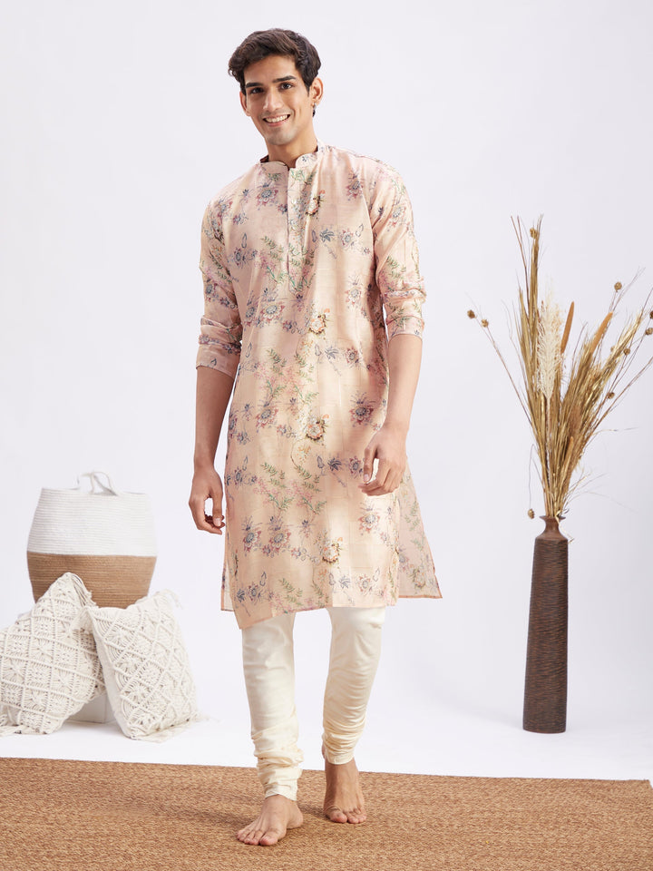 Sarvati Men's Pink Floral Printed Silk Blend Kurta Pyjama Set