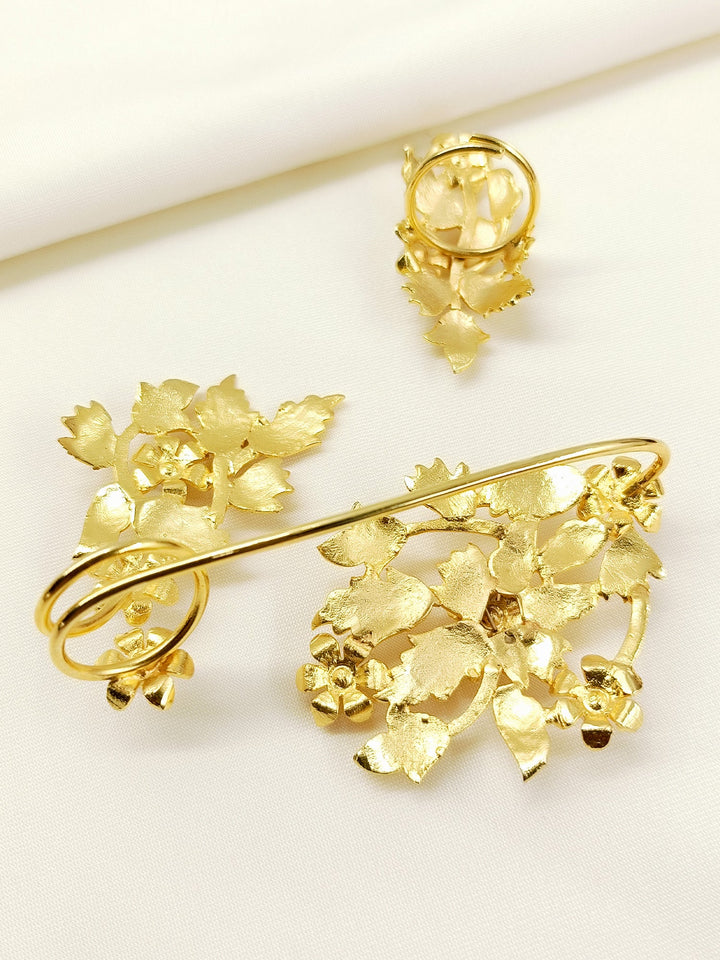 Neya Golden Floral Hand Harness Palm Bracelet with Ring Combo