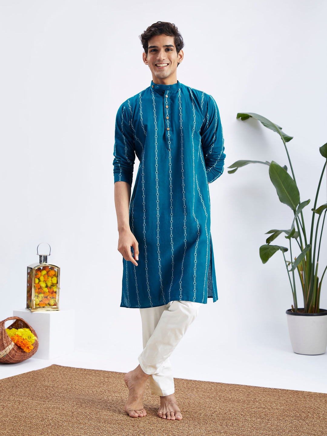 Sarvati Men's Blue denim Jacquard Kurta With White Pant Set