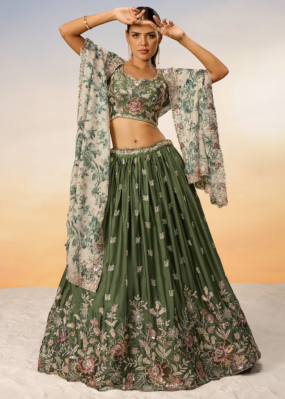 Olive Green Chiffon Lehenga Choli Adorned with Sequins Embroidery Work