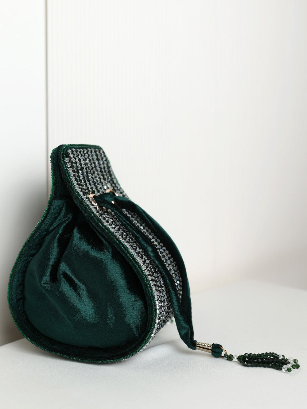 Mihira Emerald Green Silver Beaded  Potli Bag