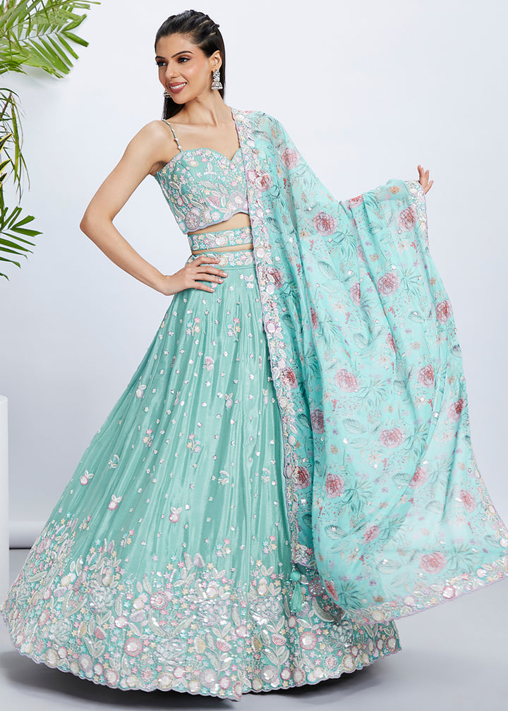 Light Sea Green Silk Chiffon Lehenga Choli Adorned with Sequins & Thread Embroidery