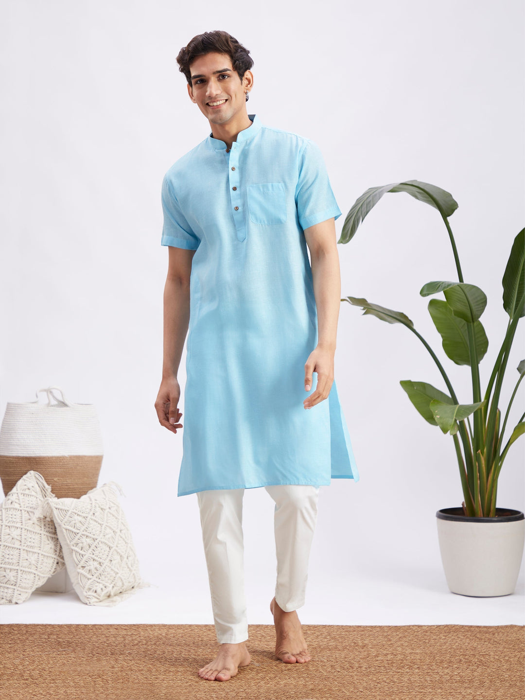 Sarvati Men's Aqua Blue Solid Kurta with White Pant Style Pyjama Set