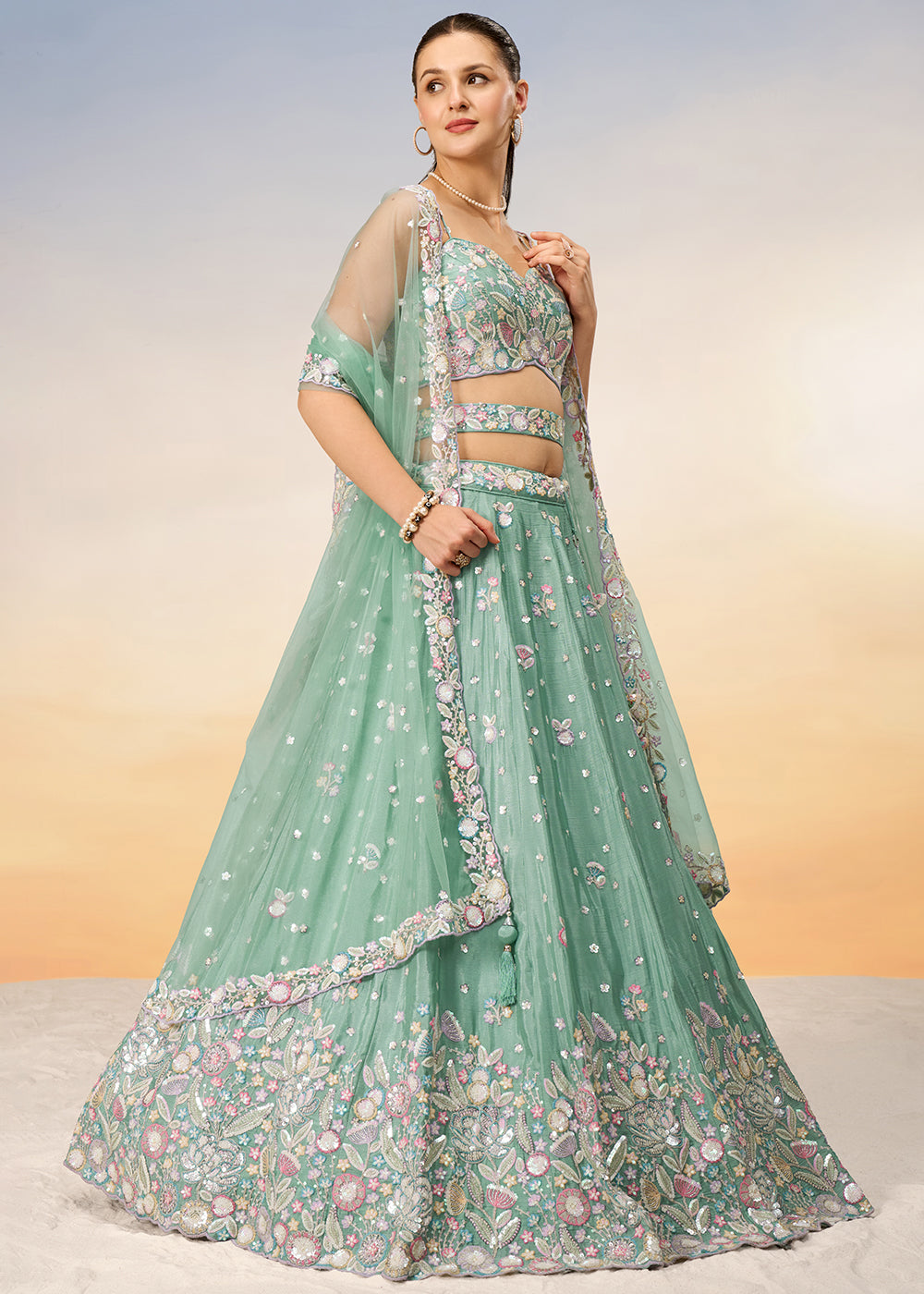 Celadon Green Chiffon Lehenga Choli Adorned with Sequins & Thread Embroidery