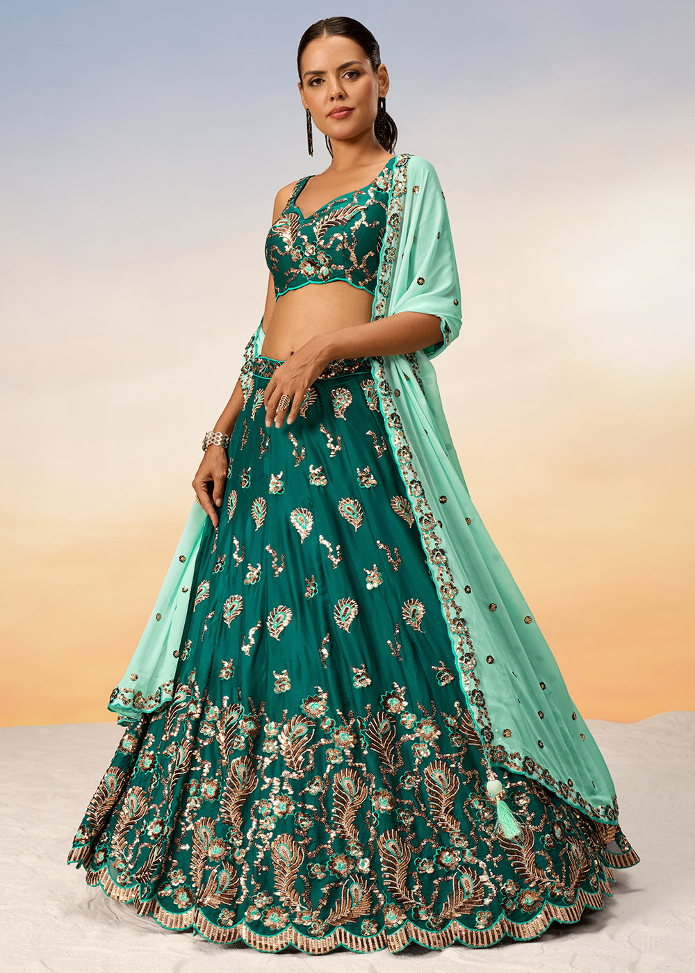 Shades Of Green Georgette Lehenga Choli Adorned with Sequins Embroidery