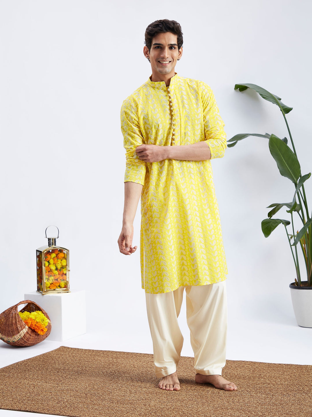 Sarvati Men's Mustard Pure Cotton Chikankari Kurta With Patiala set