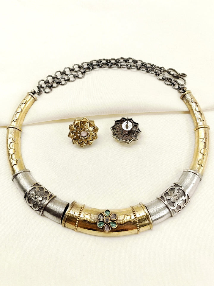 Pavani M&amp;G Oxidized Hasli Styled Choker Set - Brass Necklace