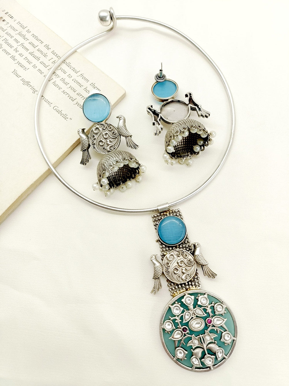 Venus Sky Blue Oxidized Hasli Style Necklace Set