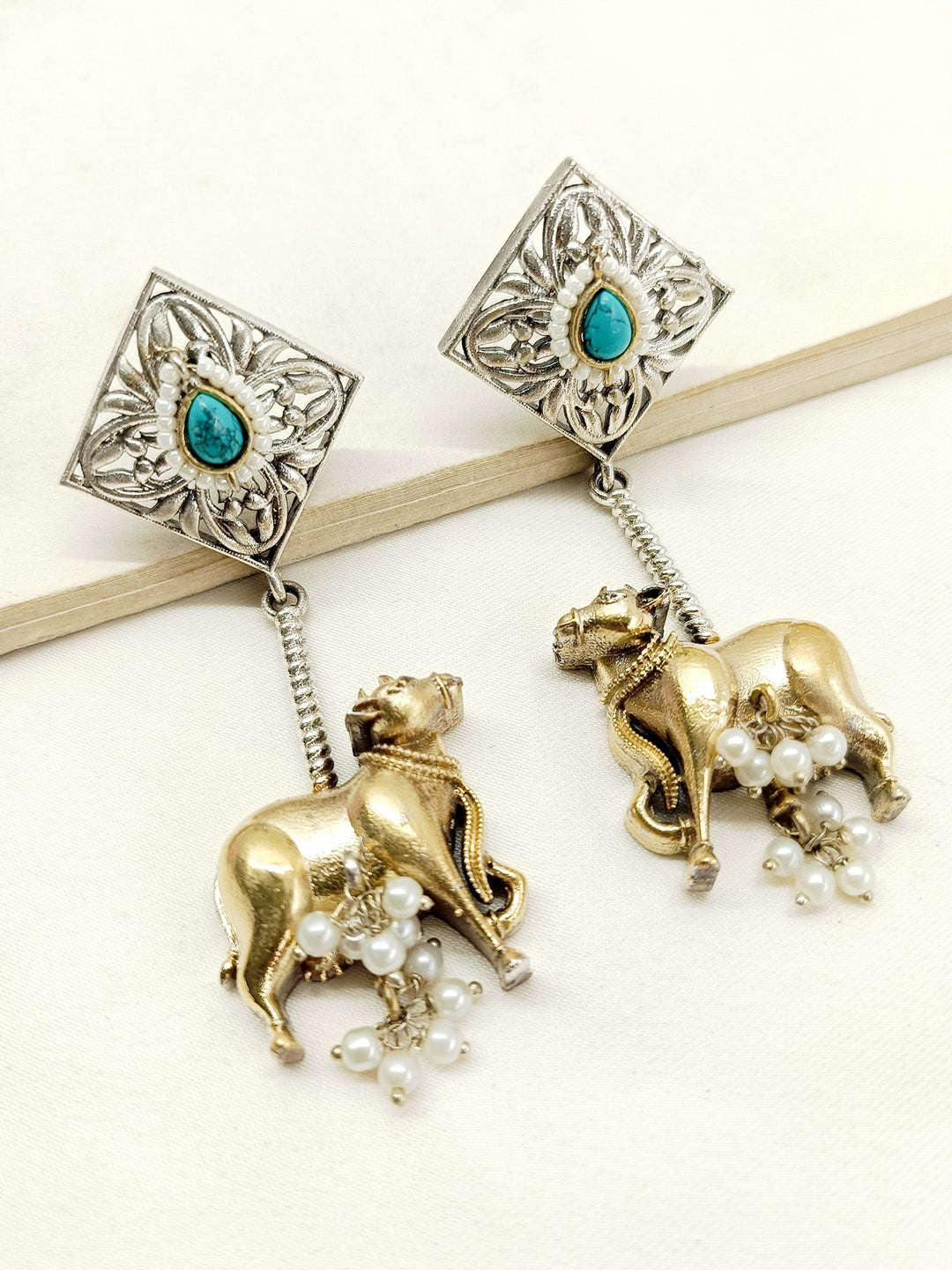 Moh Firozi Cow Oxidized Earrings