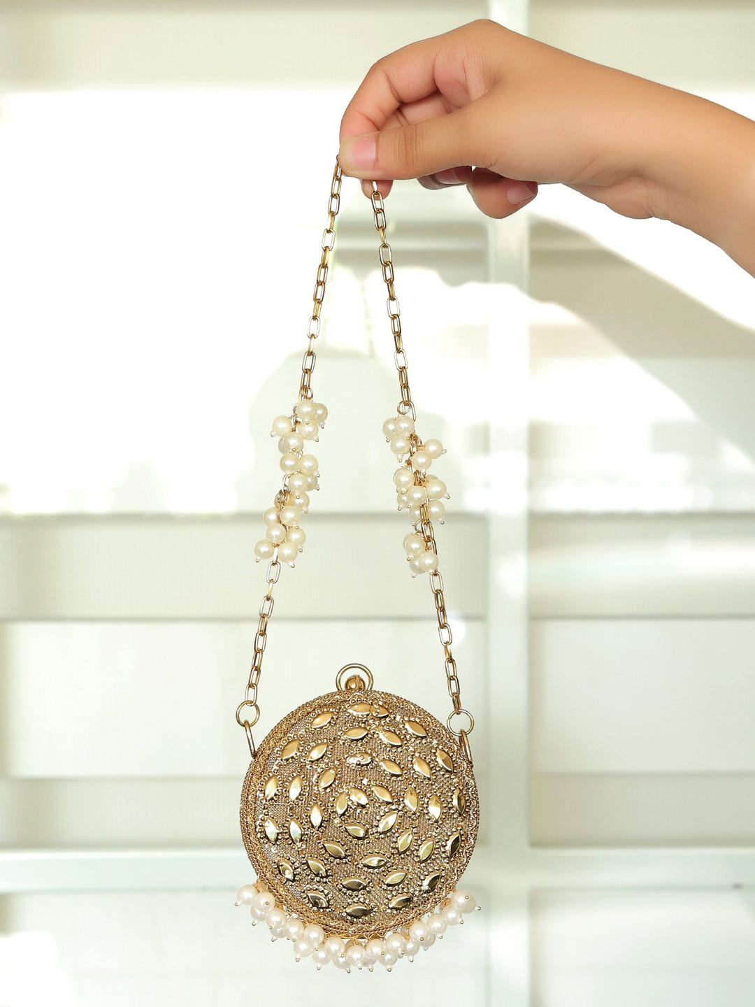 Arshika Golden Mini Metal Clutch - Antique Gold Pearl