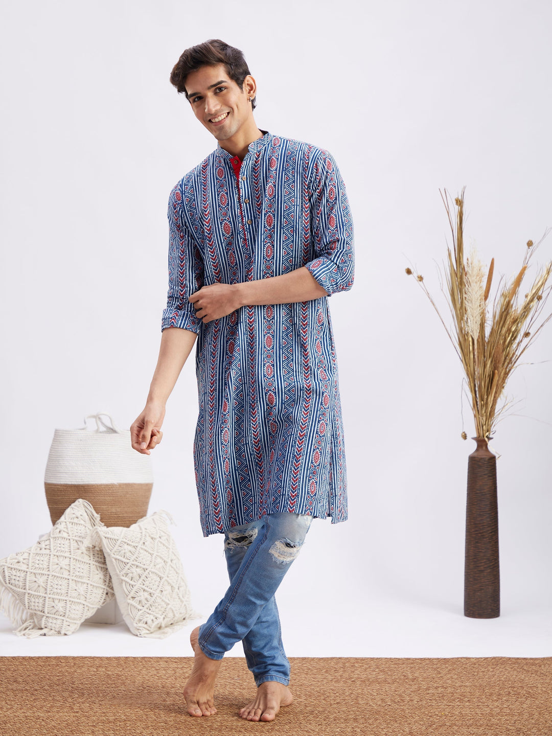 Sarvati Men's Indigo Printed cotton Kurta with White Pant set