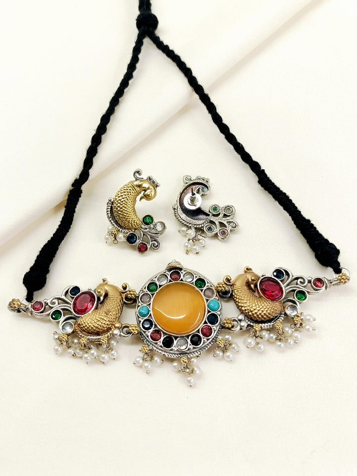 Jigna Yellow Oxidized Dual-Tone Peacock Navratna Choker Set