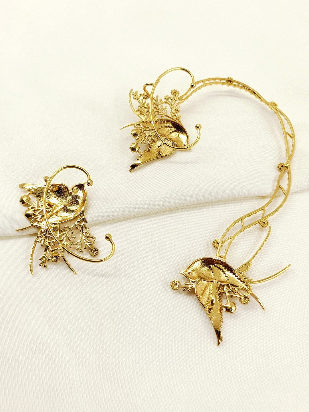 Noshin Golden Women’s Bird &amp; Floral Branch Earcuffs