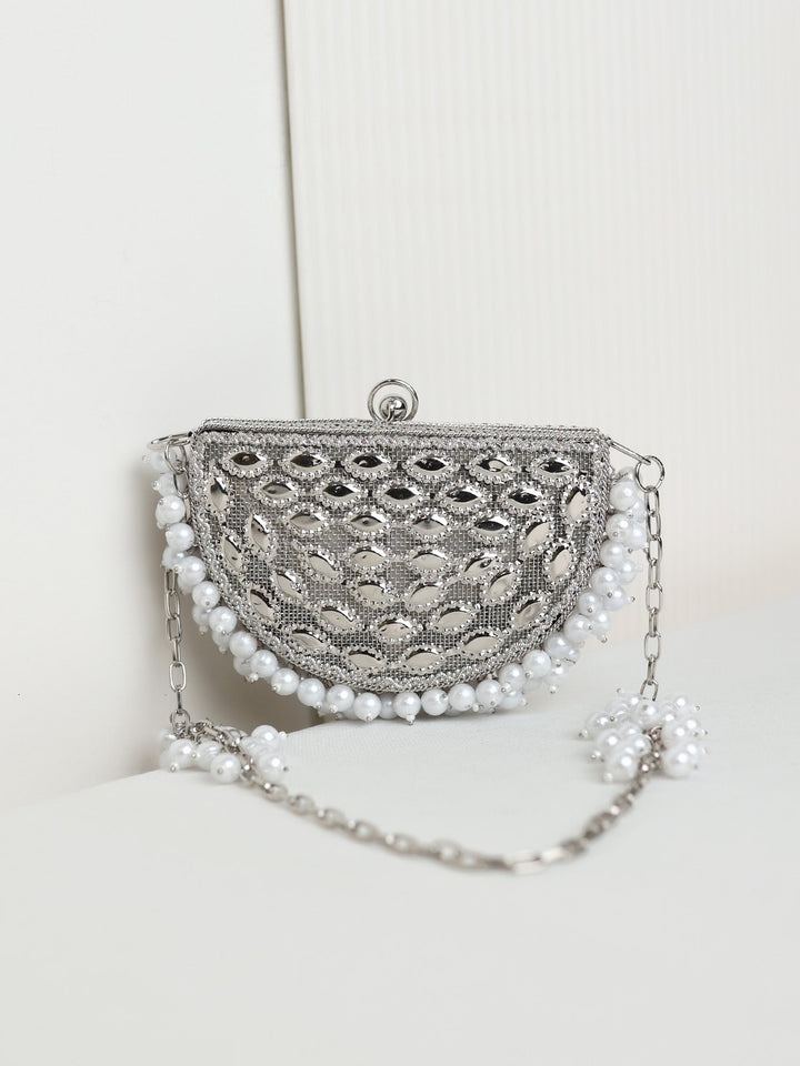 Kunjan Chaand Half Moon Silver Mini Metal Clutch
