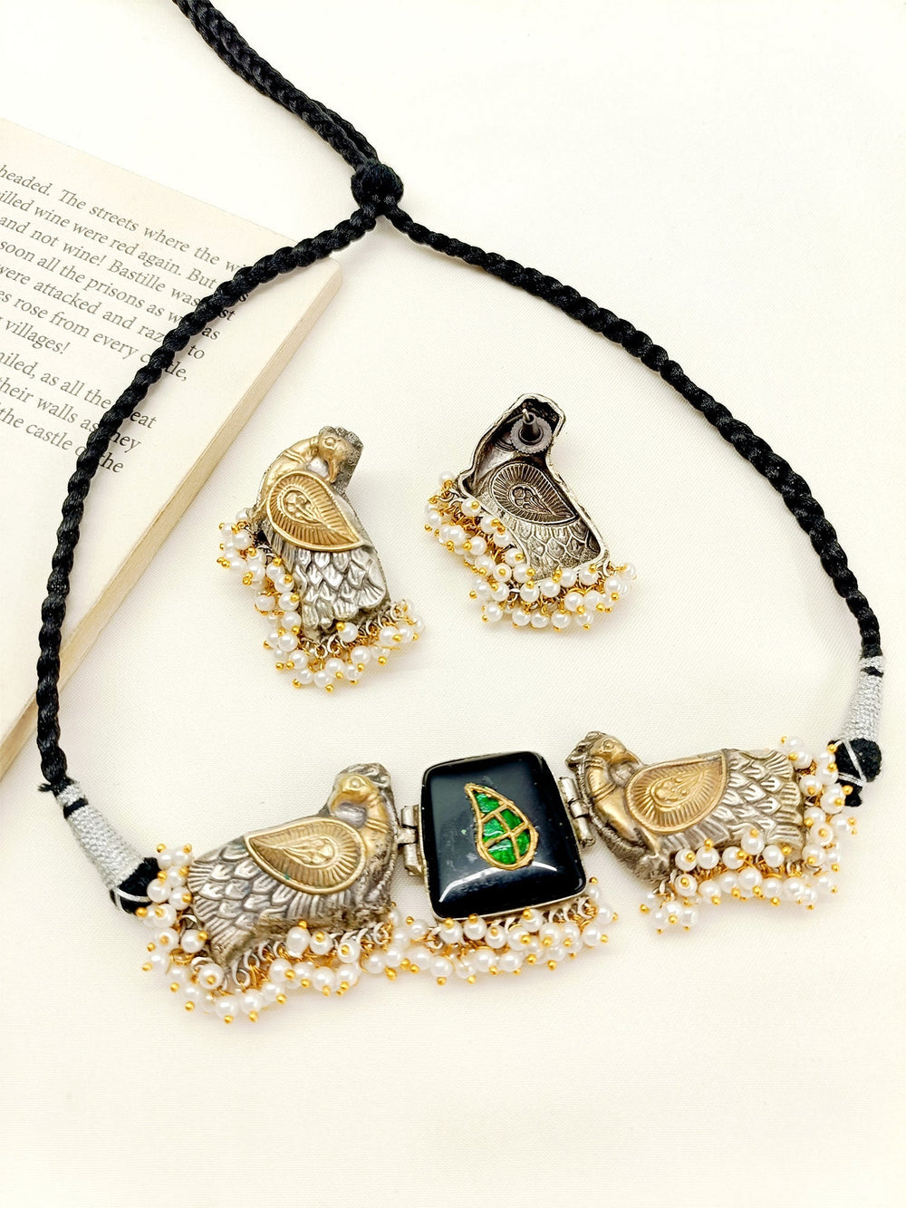 Indah Black Peacock Oxidized Choker Set