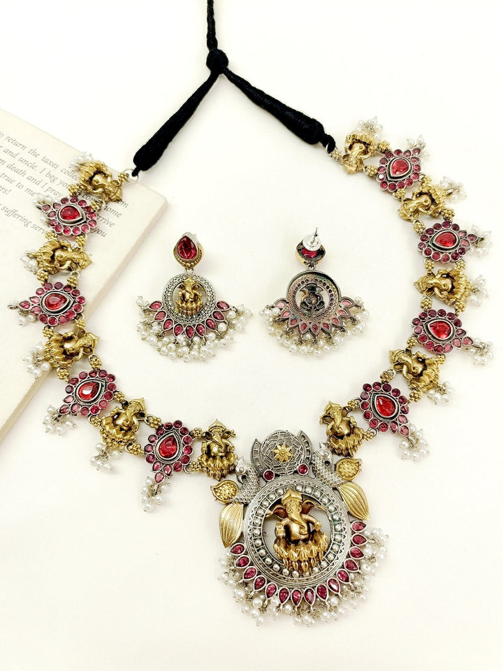 Anavya Ruby Ganesh Ji Oxidized Necklace Set