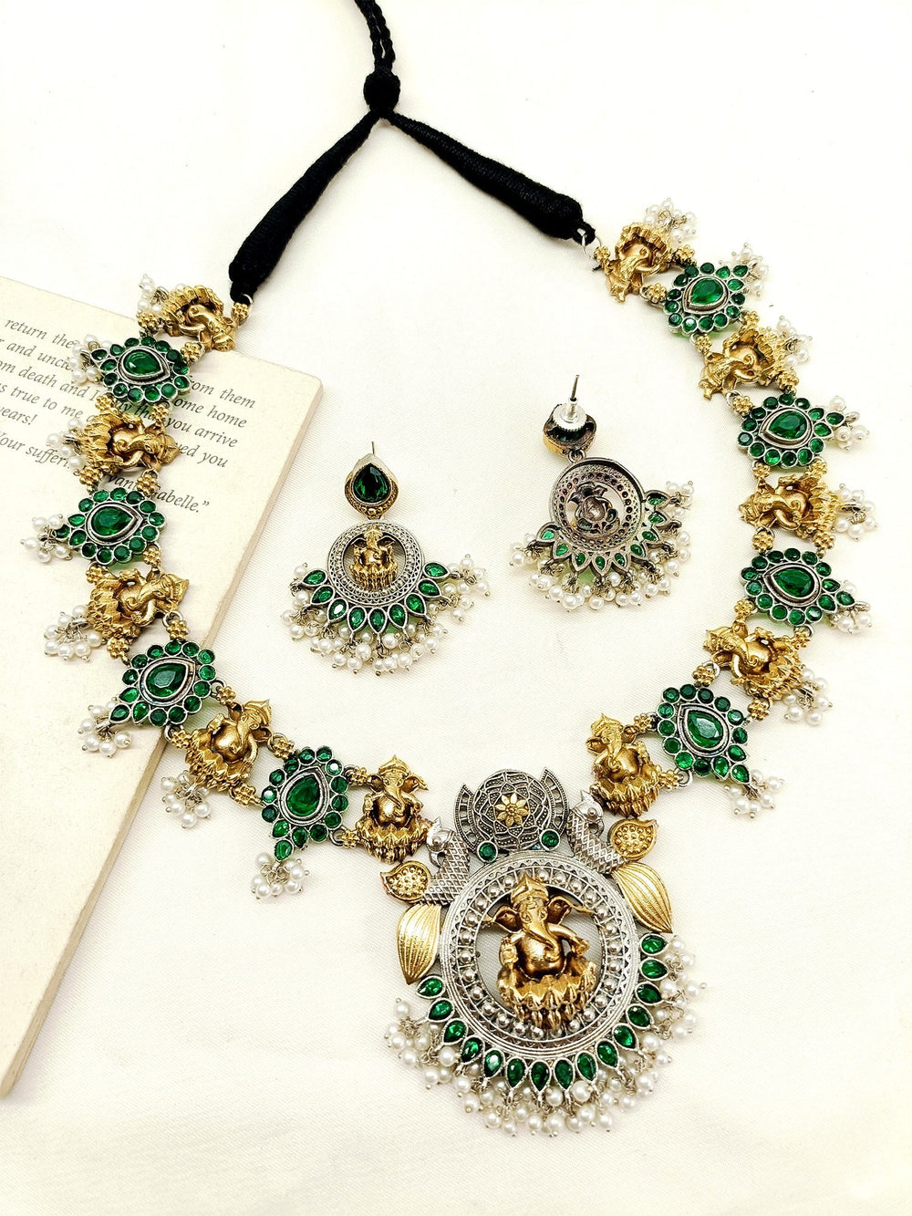 Tuhita Green Ganesh Ji Oxidized Necklace Set