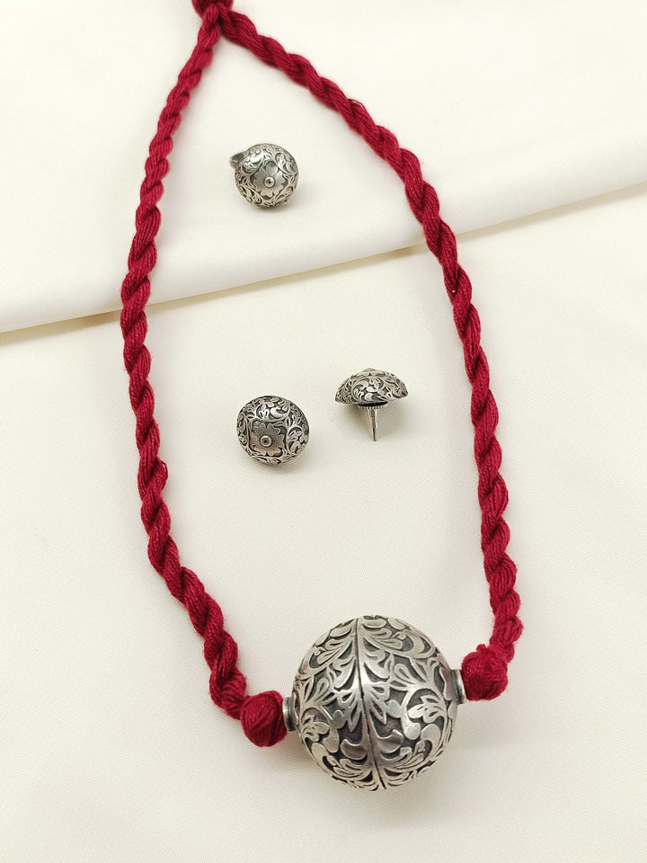 Idhika Maroon Oxidized Pendant Set With Ring