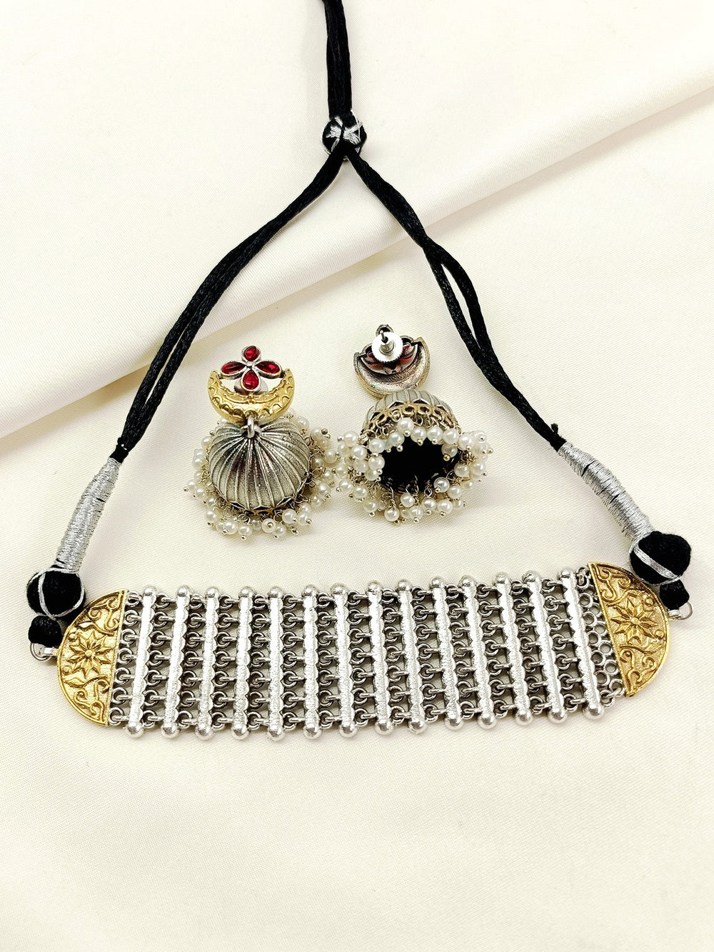 Ziya Two Tone Oxidized Choker Set - Brass Necklace