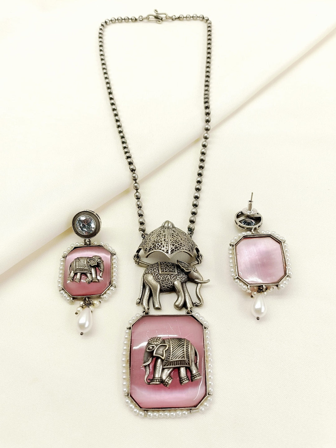 Pallavi Pink Oxidized Elephant Pendant Set