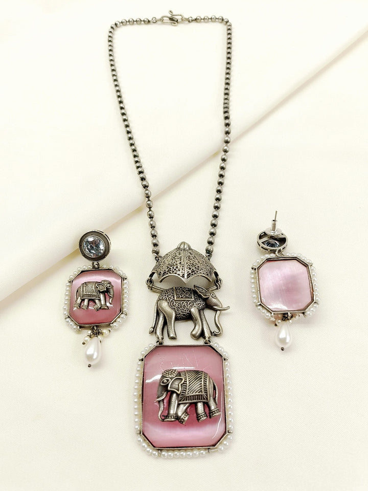 Pallavi Pink Oxidized Elephant Pendant Set