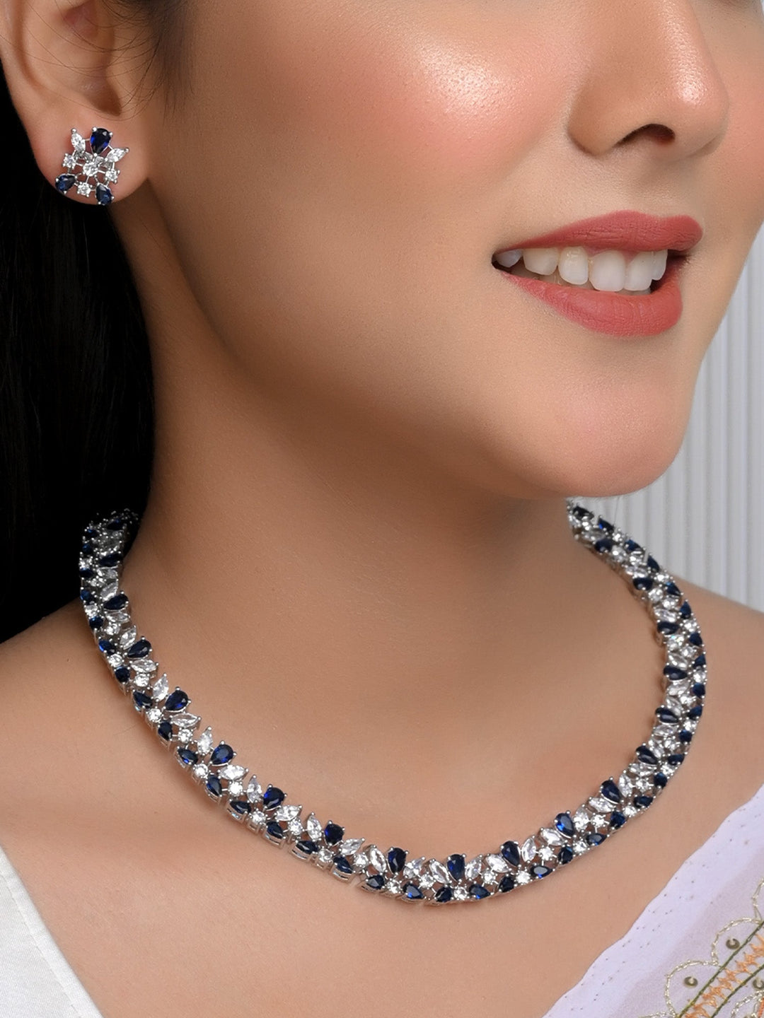 Hizra American Diamond Neckline With Blue Sapphire Stones