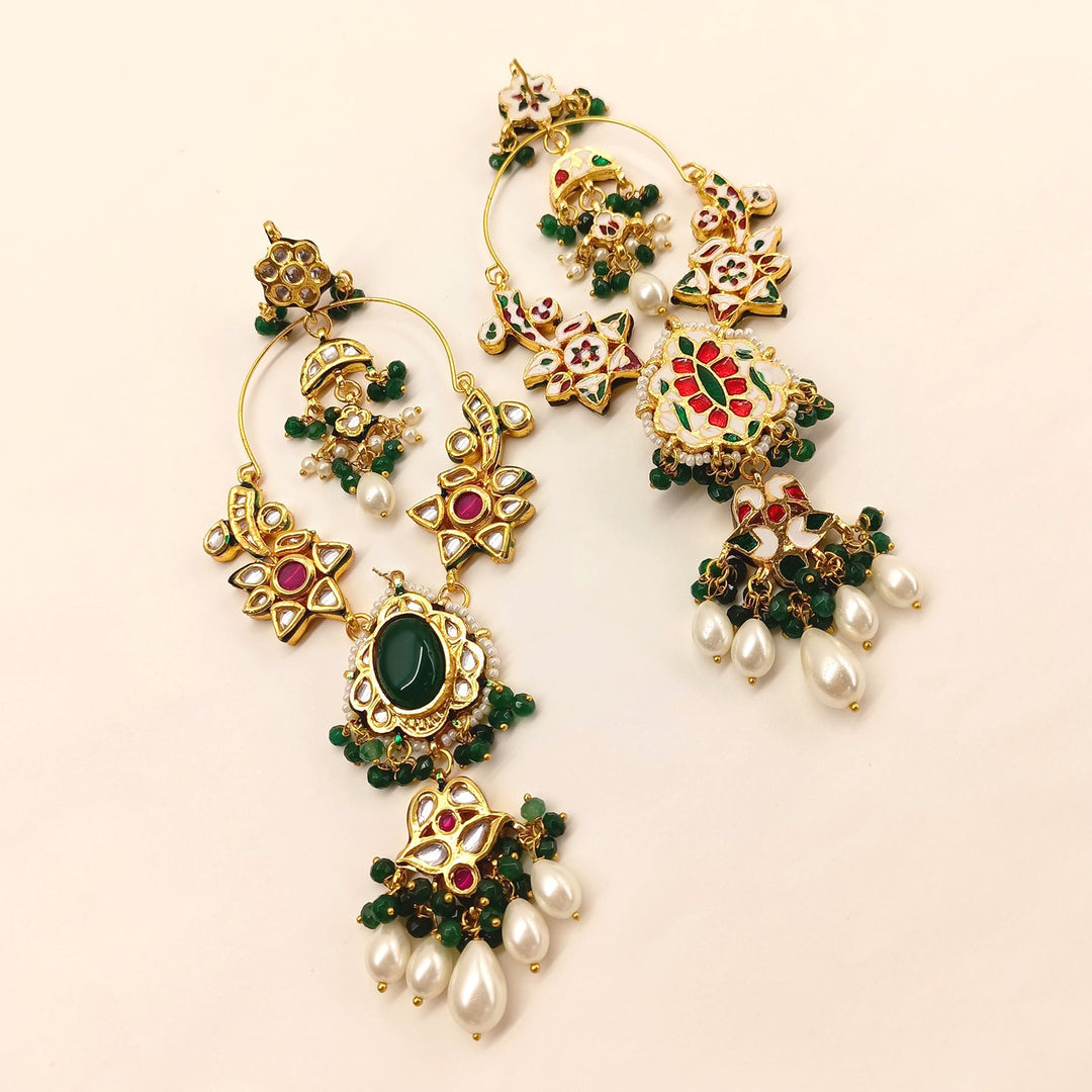 Prachi Long Kundan Earrings With Green Stone