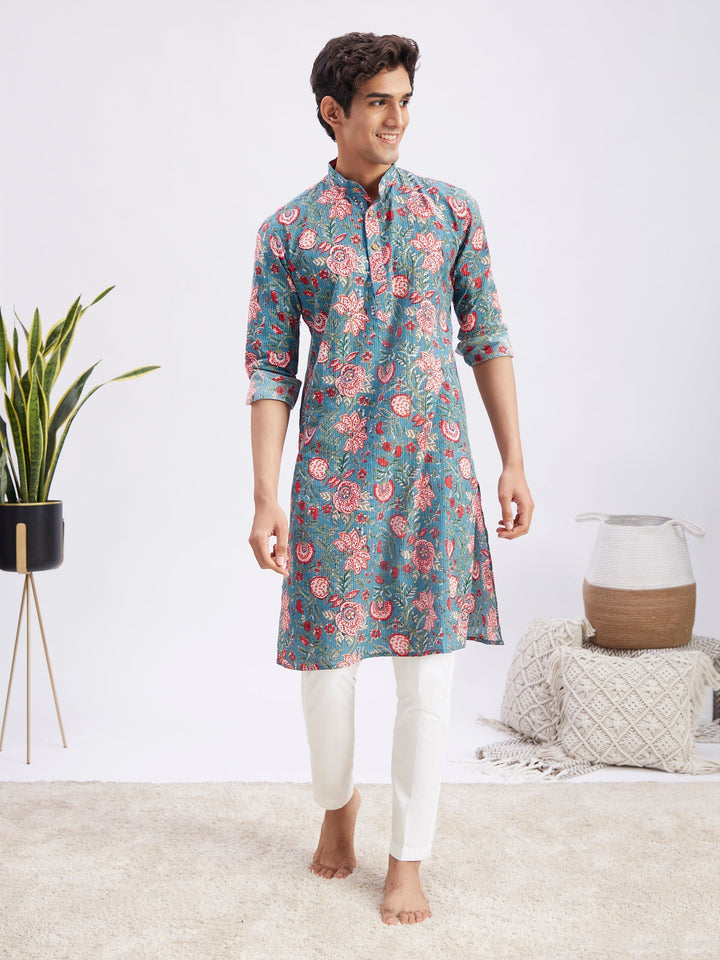 Sarvati Men's Blue And Red Floral Printed Cotton Kurta with White Pant Set