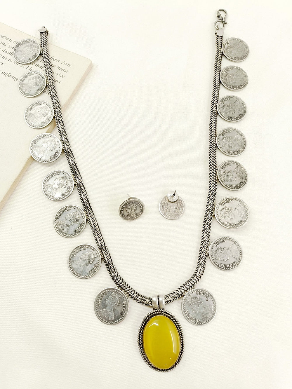 Amina Yellow German Silver Oxidized Necklace Set