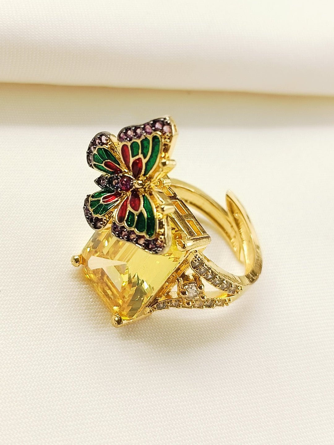 Jharna Green Red Butterfly Yellow AD Ring
