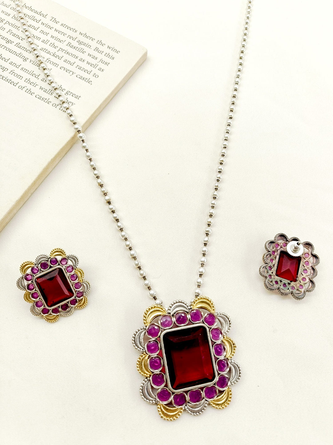 Rajamani Ruby Oxidized Pendant Set